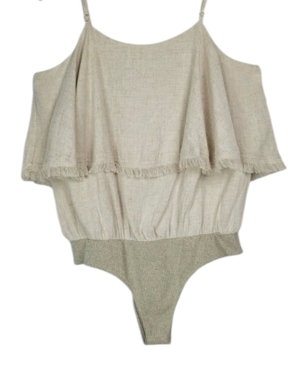 Lizard Thicket NWOT Woman’s Oatmeal Color linen/Cotton Fringe Bodysuit Medium